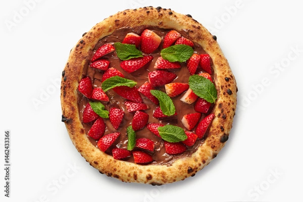 Fototapeta Delicious pizza covered with chocolate cream, strawberries and mint leaves