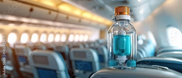 Fototapeta A view from a passenger's seat showing the overhead compartments and oxygen masks deployed within an airplane's interior cabin during flight.