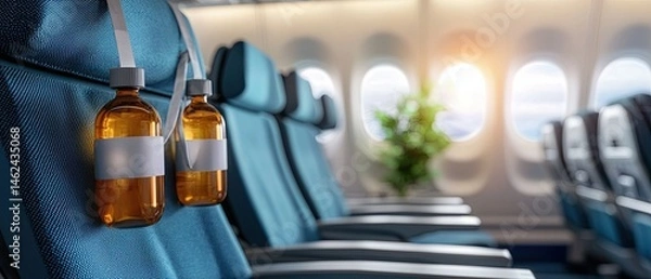 Fototapeta Rows of comfortable passenger seats with oxygen masks hanging from the overhead compartments in the cabin of a commercial airplane, ready for a safe and efficient air travel journey.