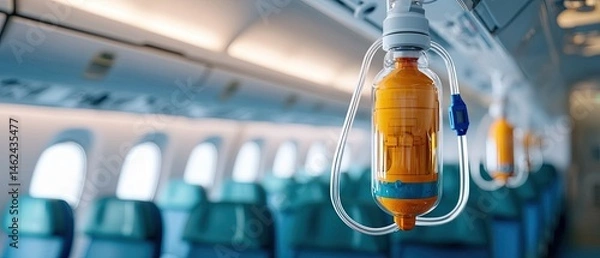 Fototapeta Overhead compartment in an aircraft cabin with suspended oxygen masks, designed for emergency preparedness and passenger safety.