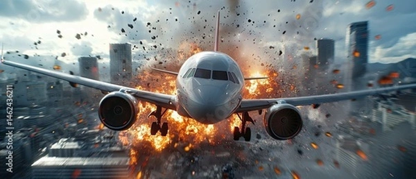 Fototapeta A commercial airplane experiences severe turbulence, leading to a dramatic incident as the pilot initiates an urgent emergency landing procedure