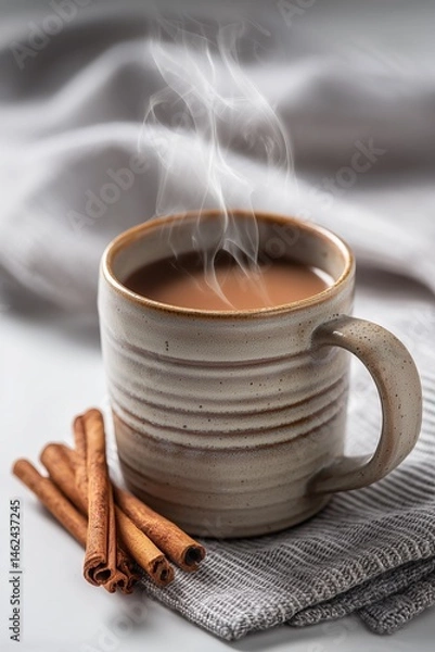 Fototapeta Steaming hot beverage in ceramic mug with cinnamon sticks against a white background