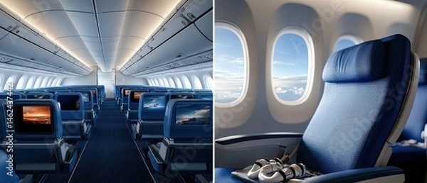 Fototapeta Panoramic perspective showcasing the spacious and well-equipped interior of an airplane cabin, with rows of comfortable seats, overhead compartments, and various passenger conveniences.