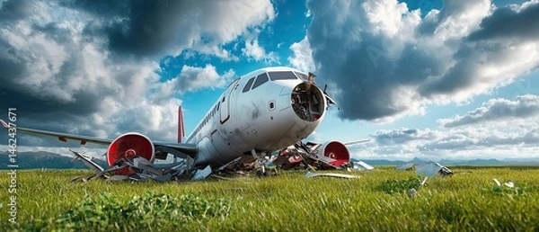 Fototapeta The devastating aftermath of a passenger aircraft crash, with the shattered remains scattered across an open field, a tragic scene of destruction and loss.