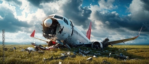 Fototapeta The wreckage of a shattered passenger aircraft lies scattered across a grassy field, a tragic aftermath of an unknown incident.
