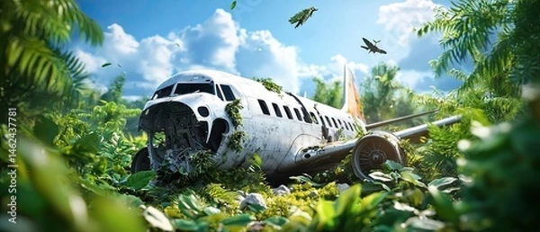 Fototapeta Abandoned and decaying airplane wreckage enveloped by dense, vibrant tropical vegetation and tangled vines in a remote jungle setting