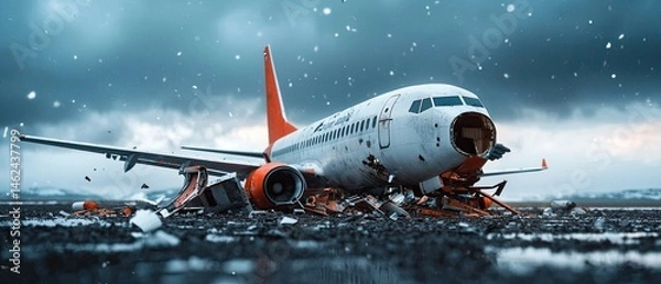 Fototapeta The scene depicts the devastating aftermath of a passenger aircraft crash in a remote field, with debris and wreckage scattered across the landscape.