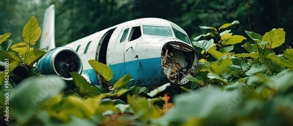 Fototapeta A decaying and weathered airplane wreckage, reclaimed by the dense, verdant foliage of a tropical jungle. Vines and plants have grown over the damaged aircraft.