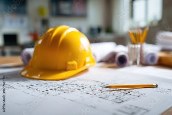 Obraz Construction Planning Scene Featuring Architectural Blueprints with Helmet and Pencil