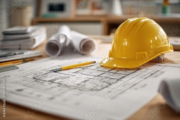 Obraz Detailed Blueprint Floor Plan with Yellow Construction Helmet and Pencil on Table