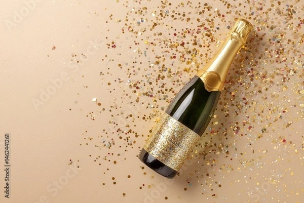 Obraz Flat Lay of Champagne Bottle with Gold Glitter and Confetti on Beige Background for Celebration