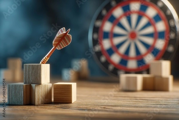 Obraz Close-Up of Dartboard and Wooden Blocks Illustrating Business Planning on Wooden Table