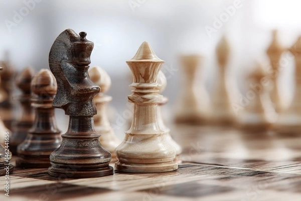 Obraz Strategic Business Planning Symbolized by Chess Figures on Wooden Table with Blurred Background