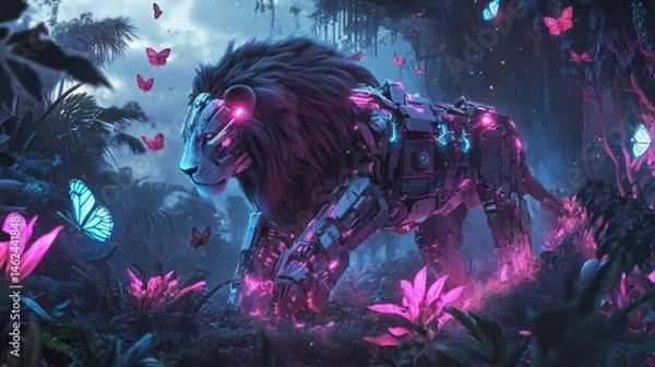 Fototapeta Cybernetic Lion in Enchanted Forest: A Digital Masterpiece