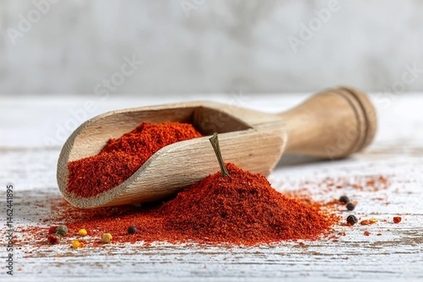 Obraz Close-Up of Chili Powder and Red Pepper in White Scoop Against Textured Wooden and White Wall