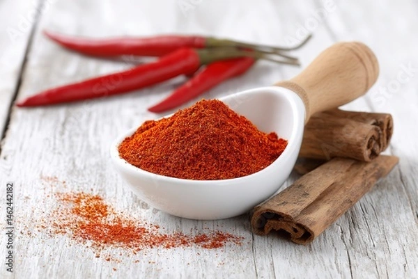 Obraz Vibrant Red Chili Powder with Whole Red Pepper in Wooden Scoop on Rustic White and Wood Background