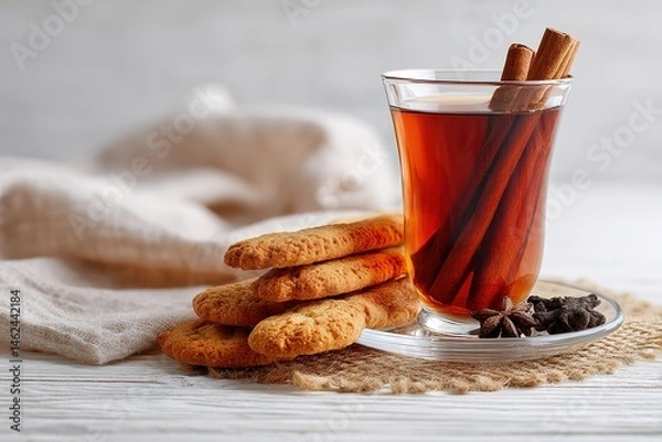 Obraz Relaxing Tea Moment with Cinnamon Sticks Biscuits Cloves and Glass of Tea on Wooden Tabletop