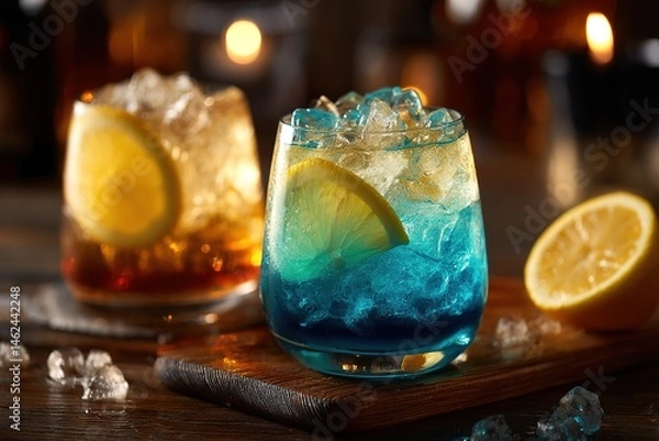Obraz Refreshing Blue Lagoon Cocktail with Lemon Garnish Next to Whiskey Glass on Wooden Surface

