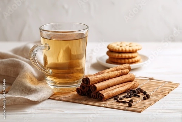 Obraz Warm and Inviting Arrangement of Cinnamon Sticks Biscuits and Tea Glass on Rustic Surface