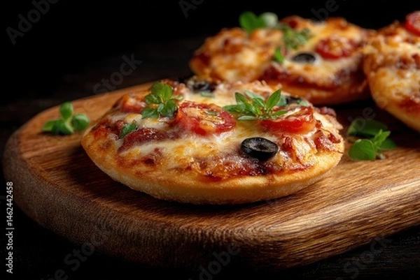 Obraz Delicious Mini Pizza with Fresh Toppings Displayed on Wooden Cutting Board Close-Up