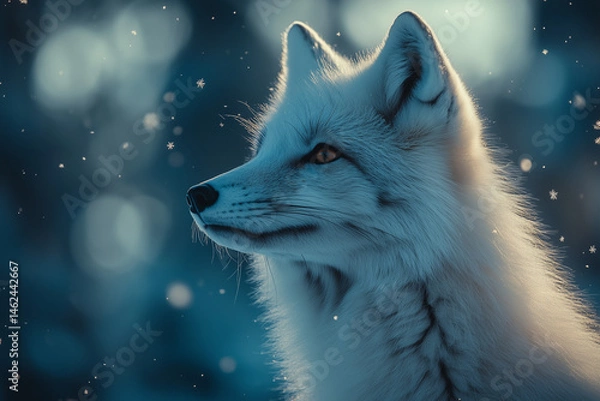 Obraz Arctic fox standing in snowy landscape beneath vibrant aurora borealis, snowflakes suspended in mid-air, representing northern wildlife, polar nature, and dramatic high-definition
