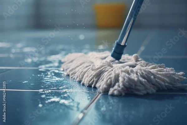 Obraz Professional Cleaning Scene Showing Mop Head with Soapy Water on Ceramic Floor