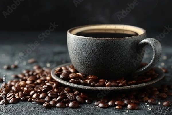 Obraz Dark Themed Coffee Setup Featuring Hot Coffee and Beans on a Black Wall Background