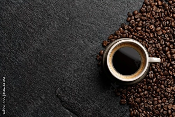 Obraz Freshly Brewed Coffee and Whole Coffee Beans on a Dark Black Wall Surface