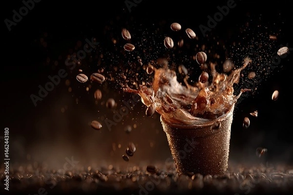 Obraz Energetic Coffee Splash and Beans in Motion Highlighted on a Black Background