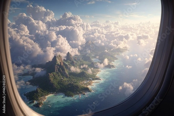 Obraz Airplane Flying Over Tropical Landscapes Representing Travel to Exotic Destinations