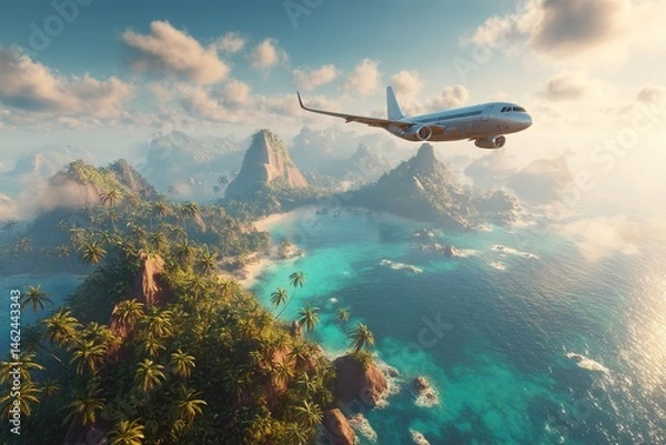 Obraz Conceptual Image of Air Travel to Tropical Exotic Locations for Vacation and Leisure

