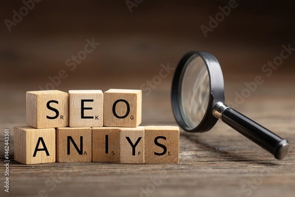 Obraz Conceptual SEO Analysis and Business Strategy with Wooden Blocks and Magnifying Glass