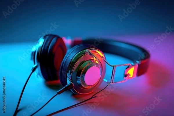 Obraz High Tech Headphones Captured in Neon Glow During an Energetic Nighttime Party
