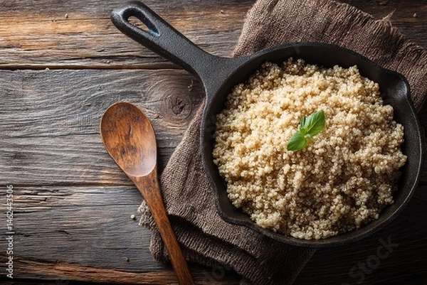 Obraz Wholesome Quinoa Grain Cooked Perfectly in Cast Iron Pan on Rustic Wooden Table