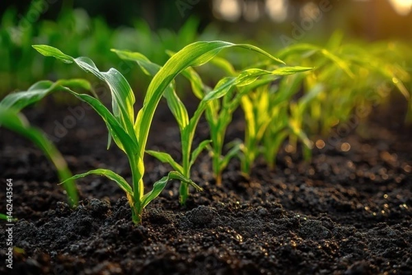 Obraz Fresh Green Corn Seedlings Growing Strong in an Expansive Agricultural Field
