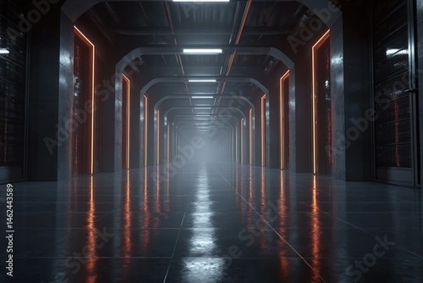 Obraz Cyberpunk Style Corridor Inside an Old Building Repurposed for Futuristic Research