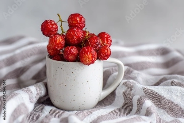 Obraz Natural Cornel Berries Arranged in a Cup with a Picnic Cloth on Neutral Background

