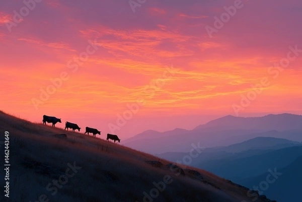 Obraz Scenic View of Cows Grazing on Rolling Hills at Sunset in the Countryside
