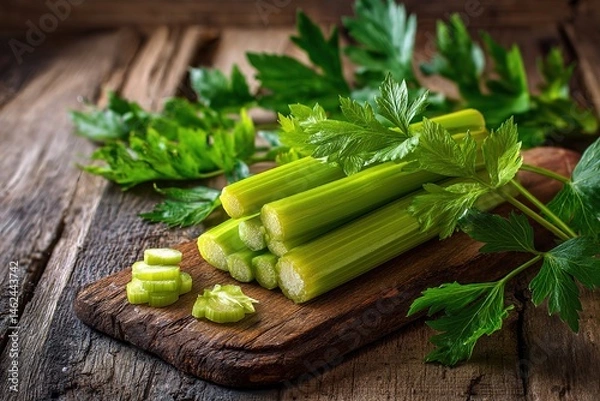Obraz Clean Eating Ingredients Featuring Celery Sticks and Leaves on a Wooden Tabletop