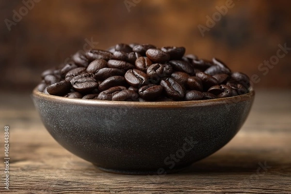 Obraz Classic Coffee Presentation with Deep Brown Beans in a Textured Bowl on a Vintage Wooden Table Surface

