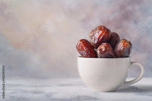 Obraz Fresh Organic Dates Beautifully Served in a White Cup on a Rustic Vintage Grunge Style Table Setting

