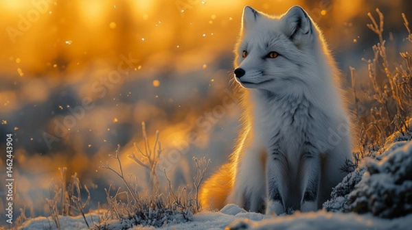 Obraz Arctic fox standing in snowy landscape beneath vibrant aurora borealis, snowflakes suspended in mid-air, representing northern wildlife, polar nature, and dramatic high-definition