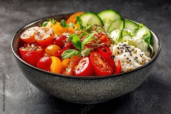 Obraz Delicious and Healthy Vegan Salad Recipe Packed with Fresh Vegetables and Nutritious Whole Grains for a Balanced Diet

