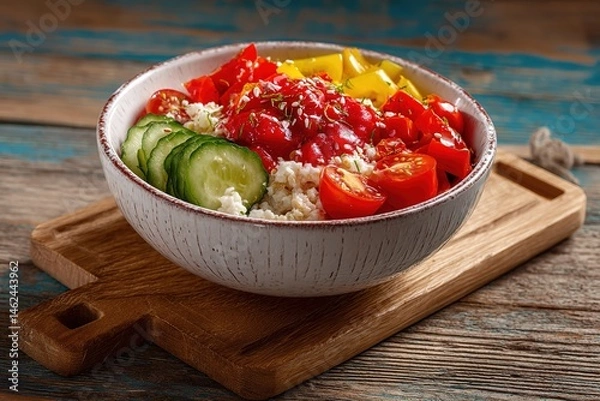 Obraz Healthy Vegetarian Salad Recipe with Fresh Tomatoes Cucumber Sweet Peppers and Nutritious Porridge for a Balanced Meal

