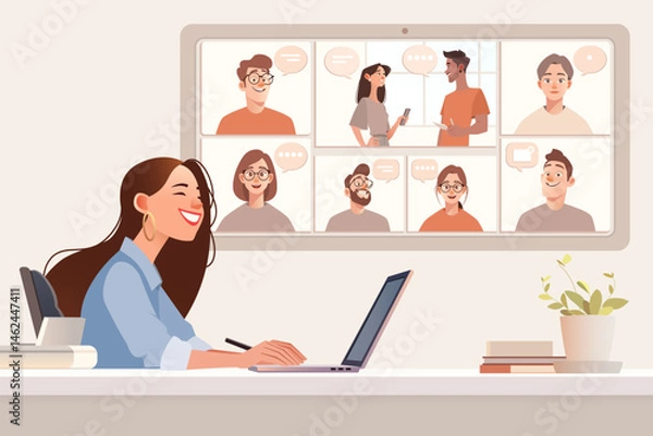 Fototapeta Virtual Team Video Conference with Diverse Group Collaborating Online
