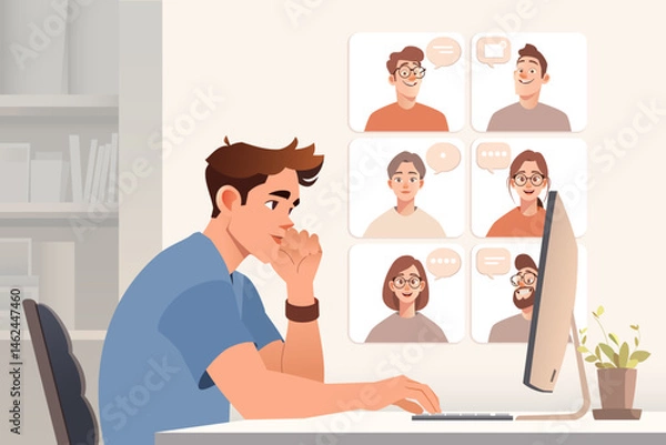 Fototapeta Virtual Team Video Conference with Diverse Group Collaborating Online