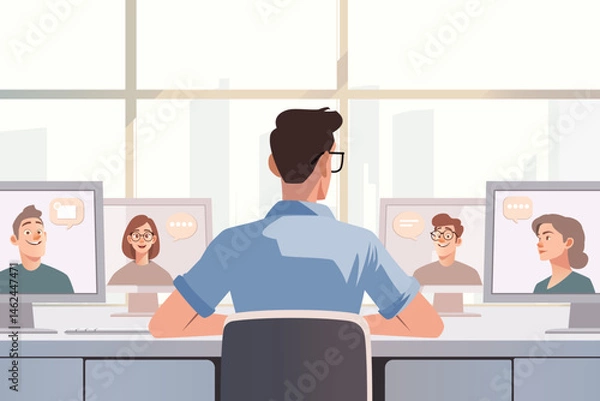 Fototapeta Virtual Team Video Conference with Diverse Group Collaborating Online