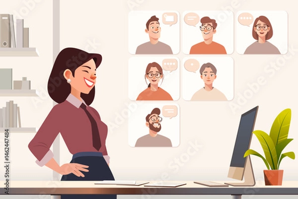 Fototapeta Virtual Team Video Conference with Diverse Group Collaborating Online