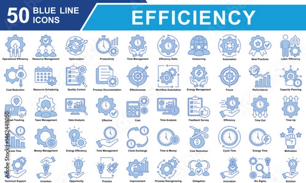 Obraz Efficiency Icon Set Collection. Containing Operational Efficiency, Resource Management, Optimization, Producticity, Cost Reduction, Time Management, Effective. Simple Blue Line Vector Illustration