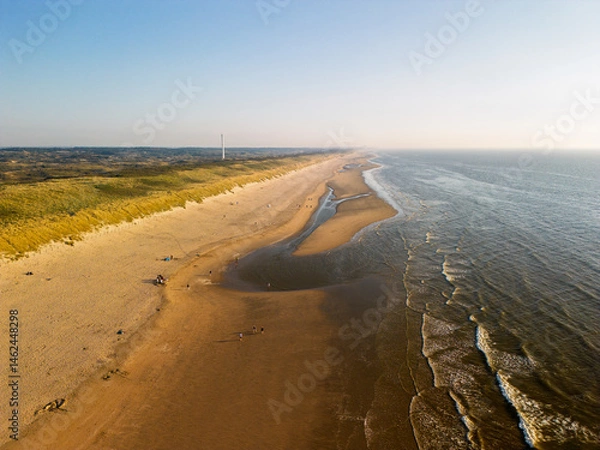Fototapeta Aerial view of a beach where gentle waves meet the sandy shore. People are scattered across the sand, some building sandcastles, others relaxing and enjoying the sunny day.